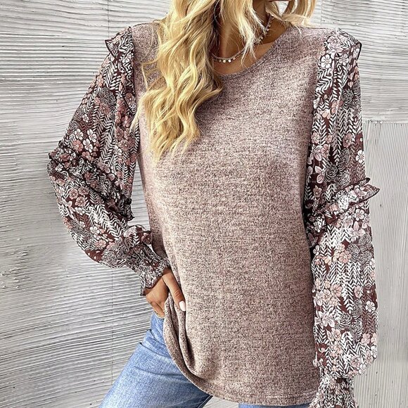 Coffee Brown Casual Women's Crew Neck Floral Blouse - Picture 5 of 7